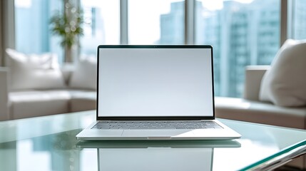 Laptop with blank screen on glass table in bright modern apartment view