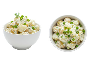 Two white bowls, homemade potato salad with potatoes, creamy dressing, green onions, dill, angled/flat views, isolated on white background, Appetizing comfort food concept.