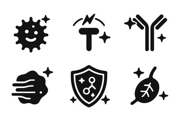 Immune Boost Icons. Solid style icons of immune stimulation with plasma: immune cell glowing, T-cell with arc, plasma-boosted