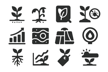 Crop Monitoring Icons. Solid style icons of Crop monitoring: healthy plant, wilting plant, leaf scanner, pest detection, growth