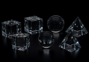 Collection of clear crystal geometric shapes including cubes, spheres, and pyramids, dramatically lit against a dark background for a sophisticated display of form and light