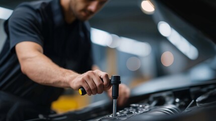 A mechanic using a calibrated torque wrench to achieve exact torque output on engine bolts, LED workshop lights casting clean reflections across polished metal parts — automotive repair accuracy,