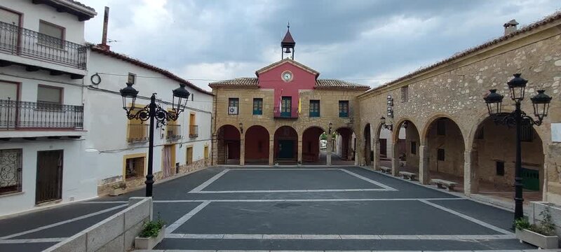 The porticoed main square, in the old town of Buendia near Cuenca, Spain. Its walls and caves show signs of its Muslim and Visigoth past.