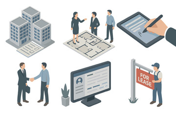 Modern Real Estate Isometric. Isometric vector illustration set of Real Estate: office complex lease form, coworking real estate