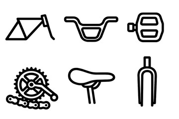 Fototapeta premium Bicycle Parts Icons. Line style icons of bicycle parts: frame triangle, handlebars, pedals, chain and gear, bike saddle, bike fork