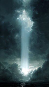 Brilliant column of light shines down through dark, turbulent clouds onto a reflective surface below