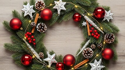 Festive christmas wreath with red ornaments stars and pine cones on wood