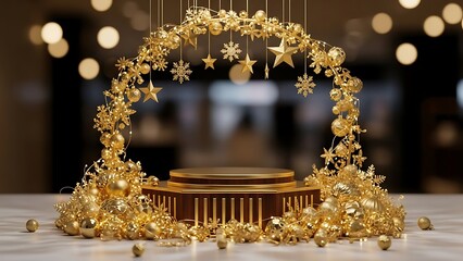 Elegant gold product display platform with festive decorations for celebrations