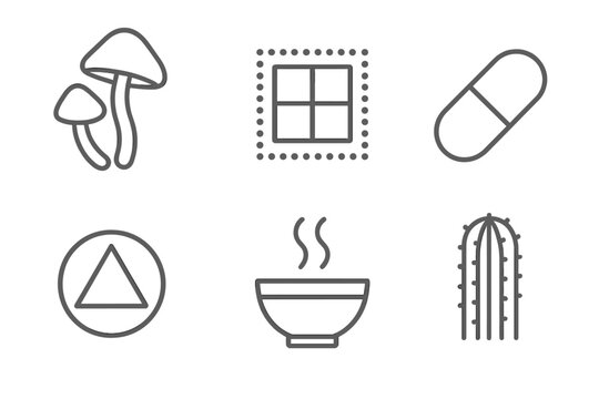 Psychedelic Substance Icons. Line style icons of psychedelic substances used: psilocybin mushroom, LSD blotter square, MDMA