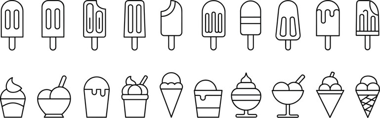 Collection of various line art ice cream and popsicle icons, sweet frozen desserts vector set graphic