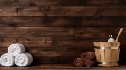 A wooden bucket filled with towels rests amidst a tranquil spa setting, inviting relaxation and self-care in a steam room environment