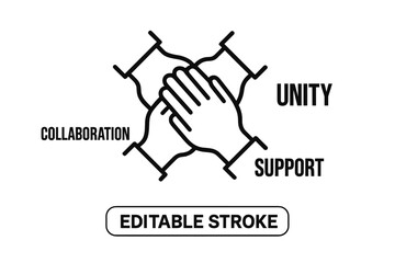 Minimalist graphic showing four hands clasped together representing collaboration and mutual support