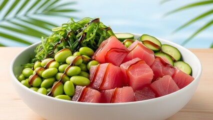 Close up of a poke bowl with tuna edamame seaweed and cucumber in a white bowl