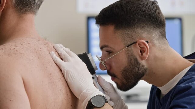 Side view close up shot of focused young Middle Eastern male dermatologist using dermatoscope while examining skin rash of male patient sitting with bare back in doctors office