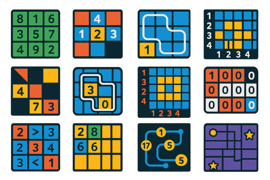 Recreational Math Icons. Flat vector icons of recreational math puzzles: magic square, number crossword, Latin square, Kakuro grid