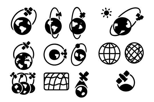 Satellite Orbit Icons. Solid style icons of satellite orbits: geostationary satellite, polar orbit, sun-synchronous path, low