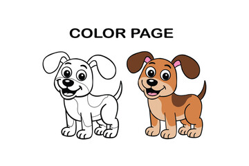 Coloring Page of Cute Cartoon Puppies, Black and White and Colored Versions, Fun and Playful Dog Illustration for Kids.  Resize and Editable , EPS 10.