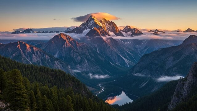 Majestic snowy mountains above clouds at sunrise reflect in a dark lake. - Powered by Adobe