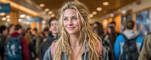 Fototapeta premium Smiling blonde woman in a crowded hallway setting during daytime