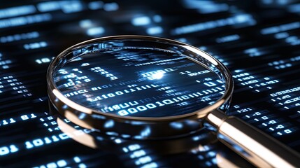 A magnifying glass focuses on blue binary code, creatively representing data analysis and search engine optimization in a humorous style