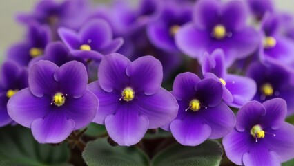 Macro view of vibrant purple violet flowers with yellow centers.