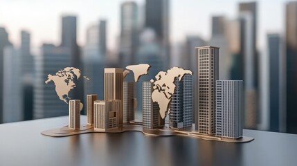 An abstract representation of a world map features a global network concept in a modern office setting during a festive season