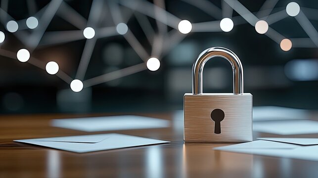 A digital padlock sits on top of envelopes, representing key security measures in a blurred office backdrop that emphasizes data protection