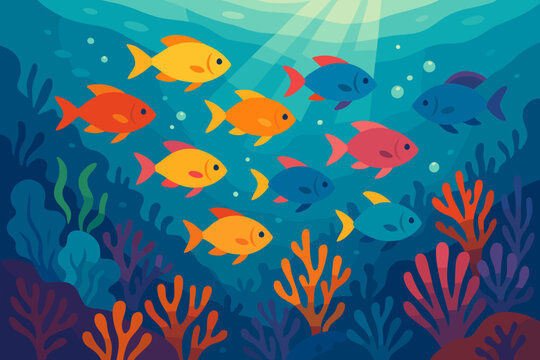 Colorful Coral Fish. Colorful school of fish swimming in vibrant coral reef waters, illuminated by soft sunlight, serene and