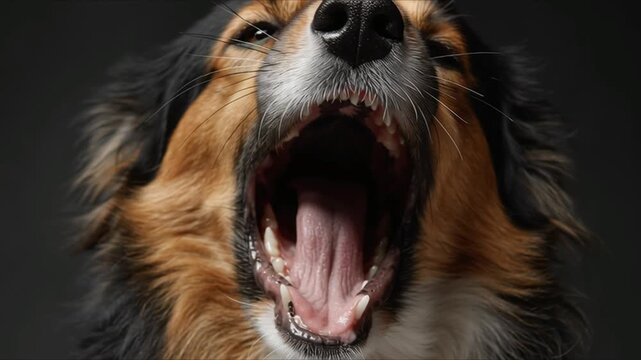 An adorable yawning dog: an incredibly cute close-up with soft fur and warm cinematic lighting. Dogs really do look like their owners