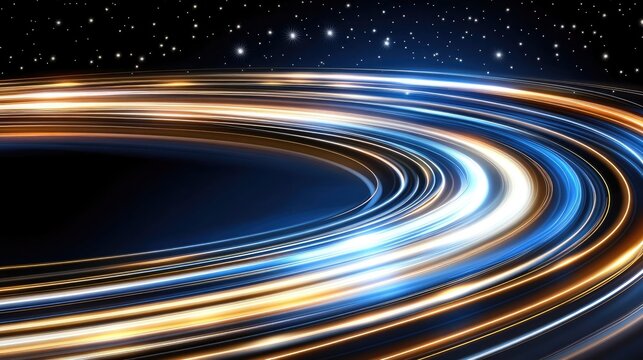 Glowing light trails of fast-moving cars create an abstract speed motion effect on a highway illuminated by red and blue lights at night