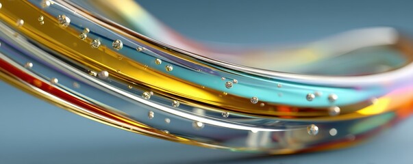 Abstract glass ribbons swirl in vibrant colors with bubbles on a pale blue background