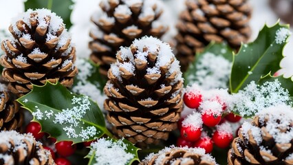 A festive winter arrangement of snow-dusted pine cones, green holly leaves, and bright red berries.