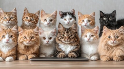 A cat intently watches a laptop screen showcasing various cats in a virtual meeting, highlighting feline curiosity and interaction