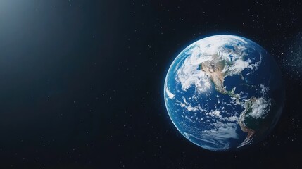 Obraz premium Detailed representation of planet Earth with vivid geography, bright oceans, and landmasses, set against a dark blue backdrop