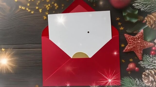 Christmas card with red envelope and festive decorations on a wooden background.