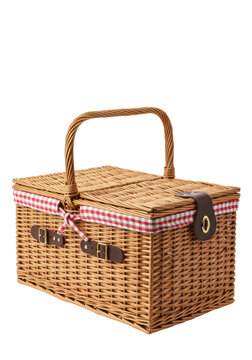 Traditional wicker picnic basket with leather and gingham, on transparent studio background with copy space, concept of nostalgic outdoor leisure