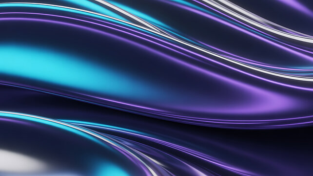 Abstract background of flowing, undulating waves of iridescent metallic material featuring vibrant shades of deep purple and bright cyan blue light reflections - Powered by Adobe