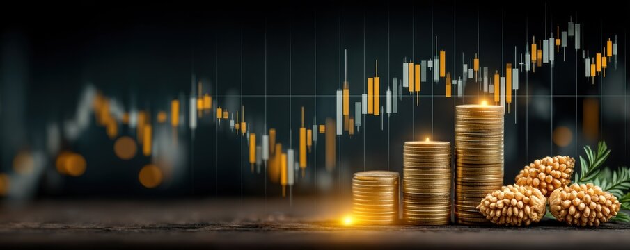 Gold bar chart on tablet displays upward trend and rising financial growth across market data