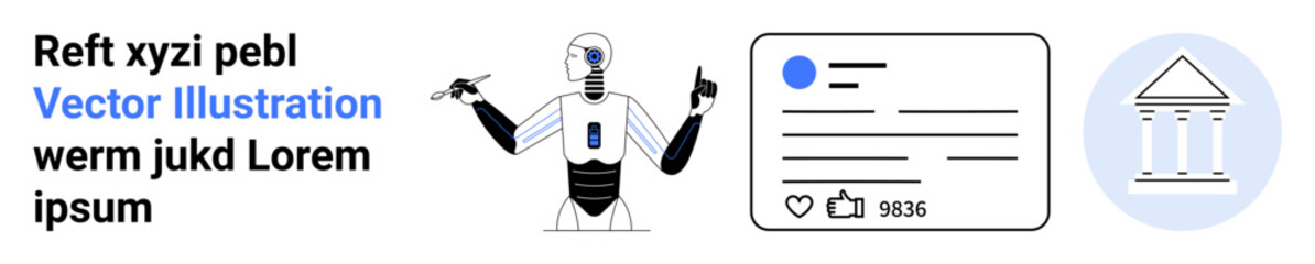 Artificial intelligence, online interaction, robotics, Internet platforms, digital economy, social networking. A robot with a screen, a social media post and a classical building symbol. Artificial