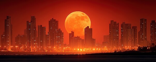 Massive orange full moon rises over a glowing red city skyline with silhouetted skyscrapers