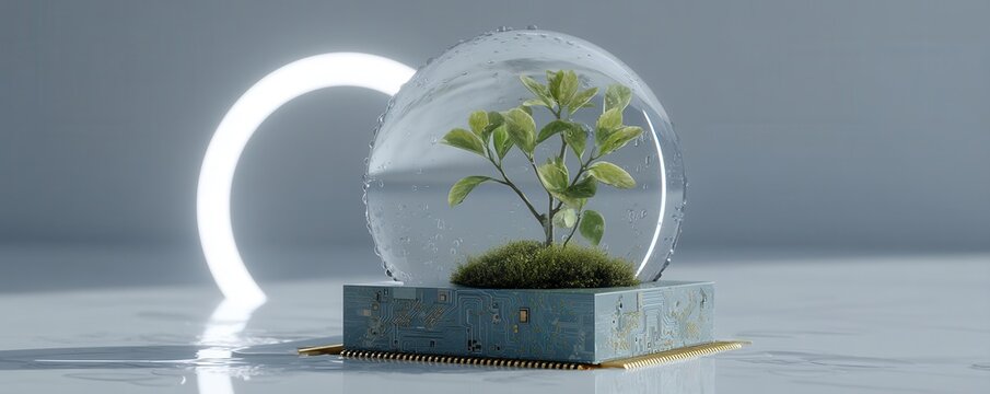 Futuristic glass globe with a growing plant on a circuit board, blending tech and nature