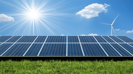 Solar panels and wind turbines are showcased in a vibrant green field, illuminated by sun rays in a clear blue sky, highlighting renewable energy