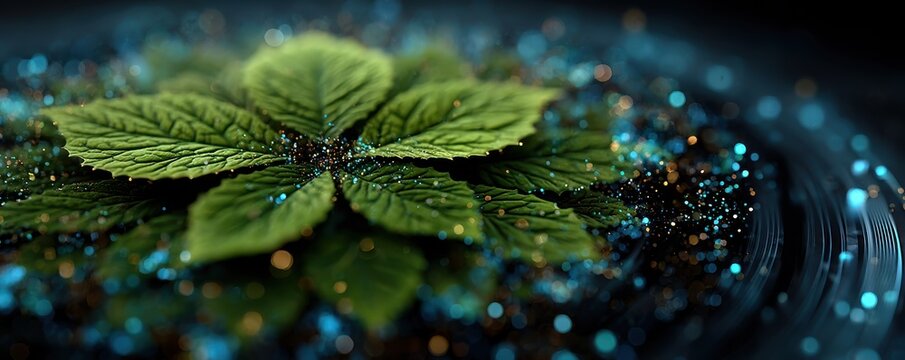 Abstract green leaf above futuristic circles of light and energy, blending nature with technology