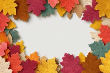 Obraz premium Autumn leaf border frame with colorful leaves surrounding an empty white center for photography