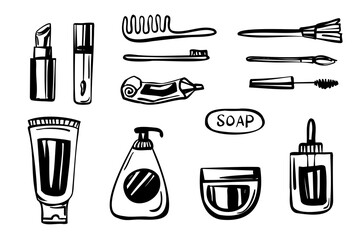 Hand drawn skincare and cosmetic product set with bottles, tubes, soap, lipstick, and toothpaste. Minimal black vector sketch.