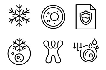 Cryo-Biology Process Icons. Line style icons of cryo-biology processes: ice crystal formation, cellular preservation symbol,