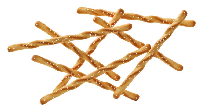 Salty pretzel sticks snack isolated PNG, twisted bread sticks appetizer on transparent background for food design and party snacks