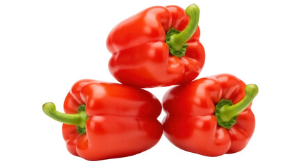 Pile of three red bell peppers isolated PNG, fresh vegetables on transparent background for cooking and healthy eating concepts