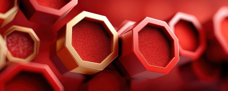 Red hexagonal tins with glossy black lids and textured red filling create a striking abstract composition