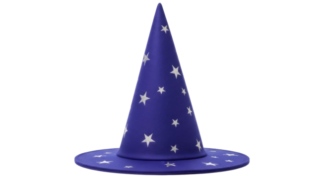 Blue wizard hat with stars isolated PNG, magical costume accessory for Halloween and fantasy themed designs on transparent background